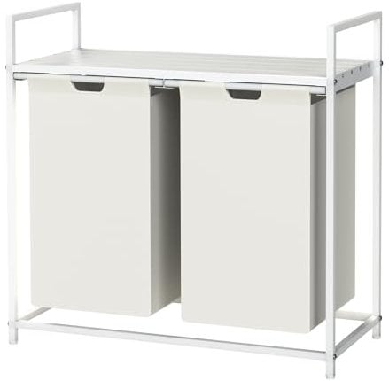Neo Laundry Basket Bin Organiser Hamper With Top Shelf 2 Pull-Out Removable Compartments Clothes Laundry Room Bathroom Bedroom (White)