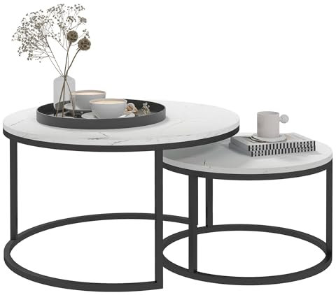 HOMCOM Round Coffee Table Set of 2, Nest of Tables with Steel Frame for Living Room, Marble White