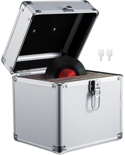 Supernic Vinyl Record Storage Box - 50pcs Singles Vinyl Record Carry Case - Heavy Duty Safe Box - DJ Box - Lockable Flight Carry Case - Holds (Silver)
