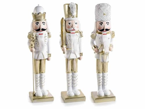 Gruppo Maruccia - Soldados cascanueces navideños de resina - Adornos para la casa, idea regalo Navidad - Color blanco y dorado - Juego de 3