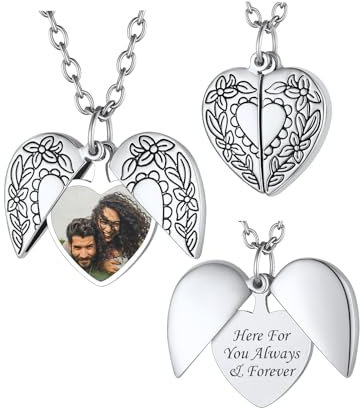 FindChic Medallion zum Öffnen mit Bild Damen Herz Engelsflügel Fotokette Frauen Personalisierte Halskette mit Gravur, Locket Necklace, Silber, 50+5cm