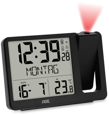 ADE Digitaler Funkwecker mit Projektion und Außensensor | Projektionswecker mit 2 Weckzeiten| Uhr mit Temperaturanzeige, Datum und Wochentag | inkl. Netzkabel | schwarz