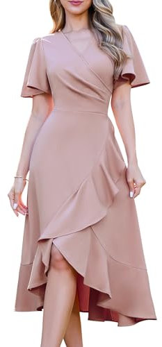 MUADRESS Robe à manches courtes et col en V pour femme - Robe de cocktail mi-longue à volants fendus, rose poudré, XX-Large