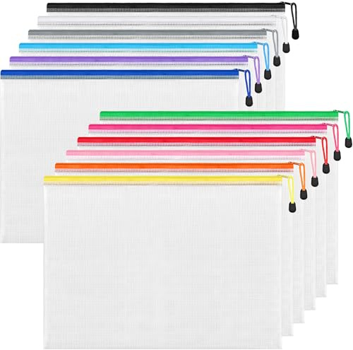 HEETA Plastic Wallets A3, 12 Pack Strong Plastic A3 Zip Wallets Waterproof with Zip Bags Secure Zippers for Office School Home Travel Storage, 12 Colors