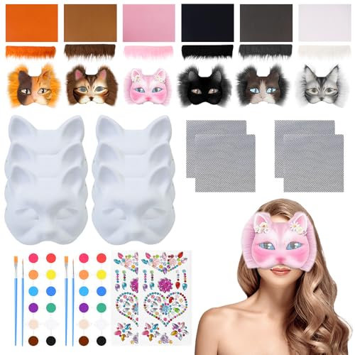 HIULLEN Katzenmasken zum Bemalen, 6 Teiliges Set Therian Mask, Tier Katze Maske DIY Set mit Augen Mesh Pelz Bart, Katzenmasken zu Malen Filz, Weiße Halbmasken für Maskerade,Cosplay,Karneval Party