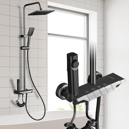 CALISTOUK Columna de Ducha con Rociador Superior/Ducha de Mano ABS, 4 Modos Espacio Aluminio Columna Ducha Columna de Baño Multifuncional Altura Ajustable 85-105cm, Negro