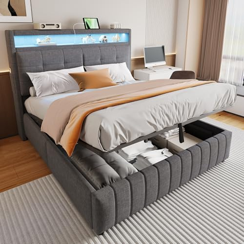 Merax Lit Coffre 160x200 cm, avec éclairage LED et Prise USB, avec Espace de Rangement, Tissu en Lin, Gris (sans Matelas)