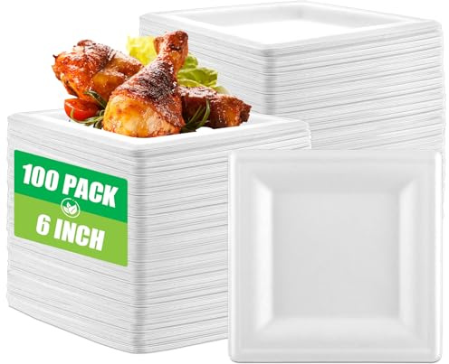LOPYXBR 100 Stück Pappteller Eckig, 16cm/6inch Zuckerrohr Teller, Bagasse Pappteller Weiß Einwegteller für Party, Haushalt, Picknick