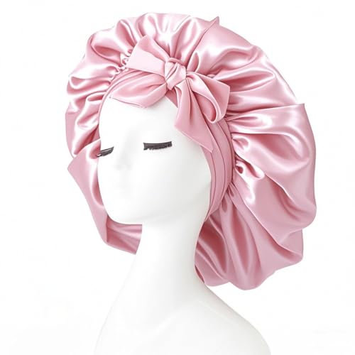 iLamvie Cuffia Seta Capelli Notte,Silk Bonnet,Con Nastri Regolabili,Berretto Da Notte Raso Elastico Per Dormire Cappello Da Notte Per Donna Berretto Da Notte Raso Per Donna Ragazza(Rosa)