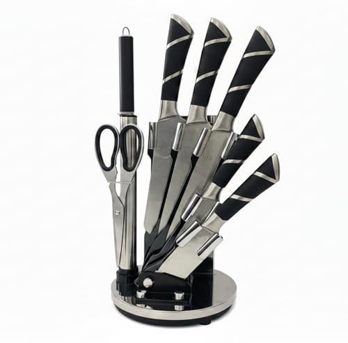 Kitchen Knife Set with Space-Saving 360 Degree Rotating Stand, 5 Knives, Scissors & Sharpener.