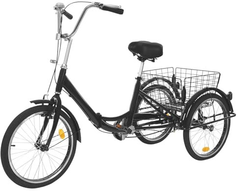 NIGORIY Dreirad Hochkohlenstoffstahl 20 Zoll Dreirad für Erwachsene Dreiräder 120kg Gesamtbelastbarkeit Fahrrad 3 Räder mit Vorderer Hinterer Korb V-Bremse und Haltebremse (Schwarz)