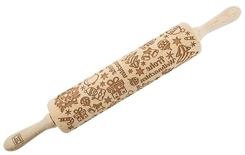 MoodForWood Teigroller aus Holz, Gravierte Holzrolle mit Wunschname auf Griff, Roller mit Muster für Teig, Kuchen & Backwaren, Nudelholz für Müheloses Ausrollen, Ø 6 cm x 43 cm, Frohe Weihnachten