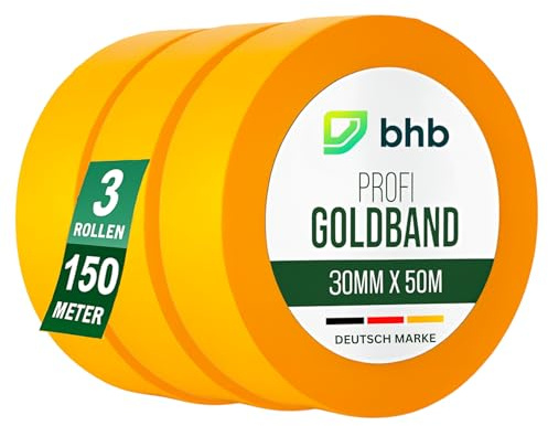 bhb Malerband Goldband Abdeckband Kreppband 30mm x 50m 3 Rollen 150m UV beständig hitzebeständig Malerkrepp Abklebeband Lackiererband für Tapeten Holz Metall Putz Auto Lackieren Profiqualität