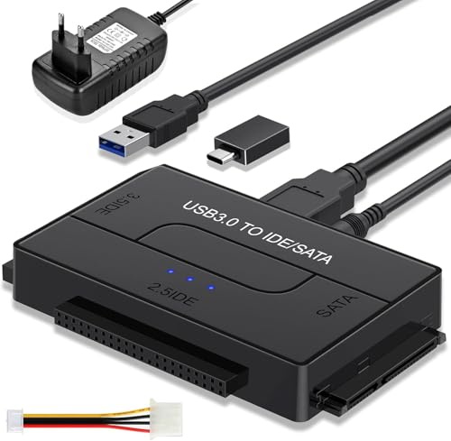 Adattatore per dischi rigidi da USB 3.0 a IDE/SATA con alimentatore di rete da 12 V, adattatore USB IDE da 2,5/3,5 pollici e dischi rigidi USB per HDD, SSD, CD-ROM, DVD, supporta fino a 6 TB