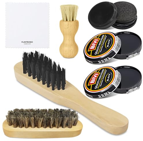 Flintronic 7-teiliges Schuhbürsten-Set, mit Schwarze Schuhcreme, Bürste mit Holzgriff und EIN Reinigungstuch, für Lederstiefel zur Pflege, für Reinigung und Politur