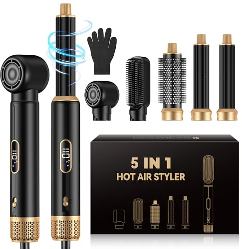 UMIGA 5 en 1 Hair Styler 1000W Haarstyler, LCD Air Brush Rundbürstenföhn, rizador y plancha de pelo, 3 niveles de temperatura para volumen, alisar, rizar y peinar
