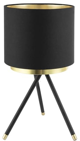 Happy Homewares Designer Black Tripod Table Lamp with Brushed Gold Metal Ring and Cotton Fabric Drum Shade with Golden Inner | 35cm x 19cm
