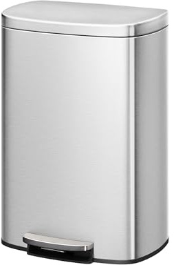 Garvee 50L Mülleimer Edelstahl, Ovaler Treteimer für Küche & Büro, Silberner Abfalleimer mit Soft-Close Deckel und Fußpedal, Rostfrei & Anti-Fingerabdruck, 50 Liter Fassungsvermögen