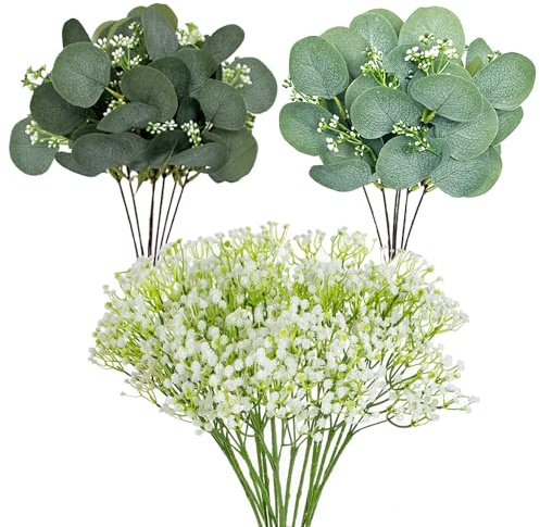 HONQX Eukalyptus Deko Schleierkraut Künstlich, 24 STK Eucalyptus Deko Eukalyptus Zweige Künstliche Pflanze Blätter für Hochzeit Vase