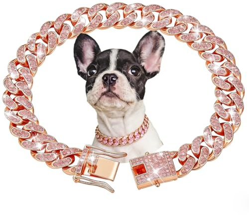 Rose Gold Dog Chain Collars, Diamond Cuban Link Dog Chain Collar Walking Metal Dog Necklace With Secure Buckle Cat Chain Collar Pet Sparkling Jewelry Accessories For Medium Large Dogs Cats, 14 Inch