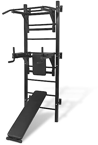 Runheo Multifunktionellt fitnesskrafttorn med pull up-stång, dipstation och höj- och sänkbar sit-up-bänk, stålram svart, 110 kg belastning, väggmontering, träning hemma, calisthenic-enhet