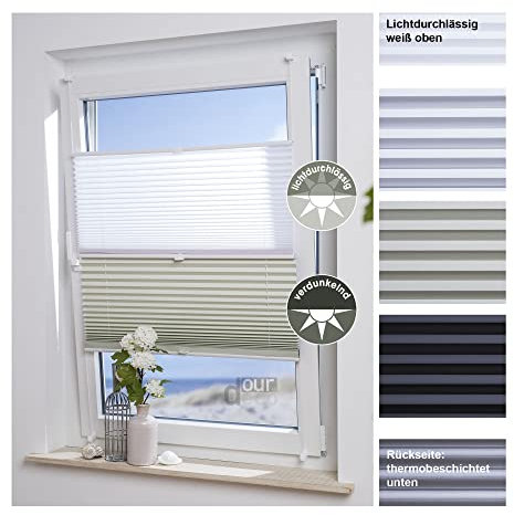 ourdeco® Kombi Doppel-Plissee / 40 x 130 cm beige/weiß/lichtdurchlässig, Blickdicht, verdunkelnd/Farben: Weiß-Weiß, Beige-Weiß/Klemmen=Montage ohne Bohren=Smartfix=Klemmfix-Plissee=Easy-to-fix