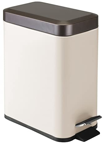 mDesign Small Modern 1.3 Gallon Rectangle Metal Lidded Step Trash Can, Compact Garbage Bin with Removable Liner Bucket and Handle for Bathroom, Kitchen, Craft Room, Office, Garage - Vanilla/Bronze