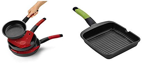 BRA Set de 3 sartenes, Aluminio Fundido Antiadherente, aptas para Todo Tipo de cocinas + Prior Grill asador con Rayas, Aluminio Fundido con Antiadherente Teflon Classic, 28 cm