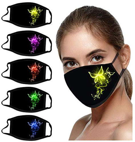 Lulupi 5 Stück Damen Mundschutz Multifunktionstuch 3D Schmetterling Motiv Waschbare Baumwolle Maske Atmungsaktiv Schwarz Stoffmaske Mund-Nasen Bedeckung Tiermotiv Elegant Halstuch Schals