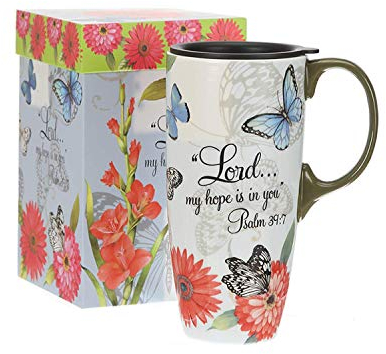 DUSVALLY Ceramic Coffee Mug with Lid Porcelain Cup with Box Latte Mug, 17oz. Butterfly and Flower