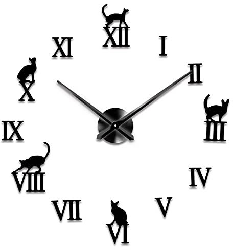 Orologio da Parete Fai-da-Te, Orologio da Muro Adesivo Design Moderno a Forma di Gatto, Grande Silenzioso Decorazioni per Soggiorno Ufficio (Color : Black)