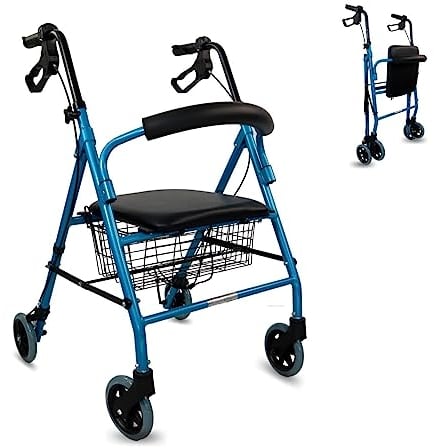 Mobiclinic, Déambulateur pour personnes âgées, Modèle escorial, Marque européenne, Pliable, Freins manuels, Aluminium, Avec panier, Léger, Siège, 4 roues, Bleu