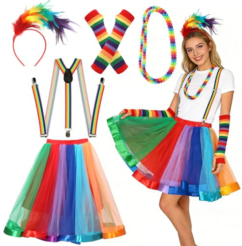 Meleager Jupes en Tulle Arc-en-Ciel Femme, Costume Arc-en-Ciel, 5 Pièces Deguisement Annee 80 avec Serre Tete Plume, Bretelles, Collier, Gants sans Doigts, pour Carnaval Halloween