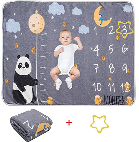 Meilenstein Decke Monatsdecke für Junge & Mädchen - Weiche Fleece Babydecke, Personalisiertes Party-Geschenk, Fotografie Hintergrund mit Mond & Sterne Motiv, 75 * 100CM