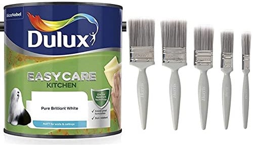 Dulux 5092113 Easycare Kitchen Matt Emulsion Paint For Walls And Ceilings - Pure Brilliant White 2.5L and Harris Essentials Walls & Ceilings Paint Brush Set | Pack of 5 | 0.5, 1, 1.5, 2