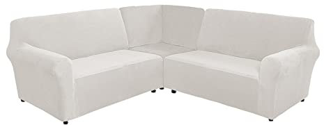 TIUTIU L-Form Sofahusse 5/7-Sitzer Eckcouch Cover, Elastischer Ecksofabezug Mit Anti-rutsch Schaumstoffankern, 3-teilige Dicker Plüsch Samt Schonbezug (Ivory,7-Sitzer)