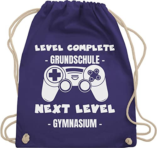 Turnbeutel Rucksack - Schulanfang & Einschulung Geschenk - Level complete - next level Gymnasium weiß - Unisize - Lila - sport tasche zum ersten schultag häng einschulung/schulanfang 1.klasse