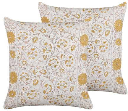 Beliani Dekokissen 2er Set mit Füllung Blumen Baumwolle weiß/gelb 45 x 45 cm Amara