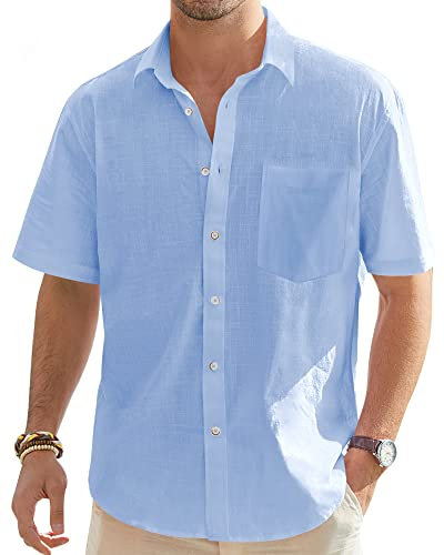 J.VER Mens Linen Shirts Short Sleeve Summer Casual Lightweight Cotton Regular Fit Beach Button Down Shirt for Men with Pocket Blue 5XL
