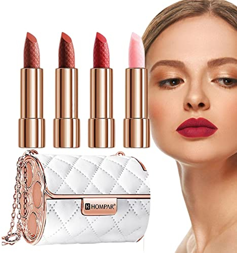 Lippenstift-Set 4 Farben, neues mattes Lippenstift-Set mit Kettenbeutel-Paket, Lippenstift-Lippenstifte für Frauen, langlebiges wasserdichtes Lippenstift-Make-up-Geschenkset, 3,5 g x 4 Stück