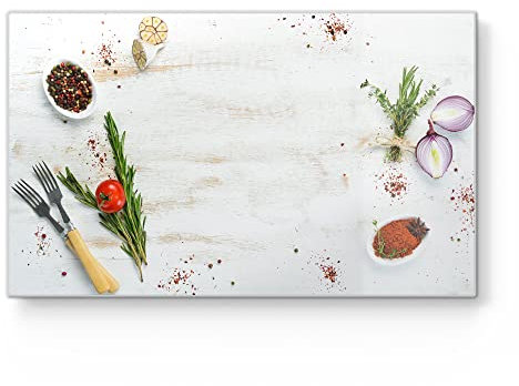 DEQORI Frühstücksbrett Glas | klein 23x14 cm | Motiv Küchenkräuter und Gewürze | Design Schneidebrett für Küche | Frühstücksbrettchen antibakteriell & rutschfest | Glasplatte & Servierplatte