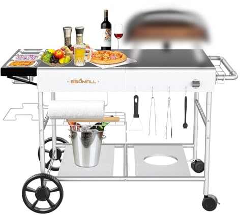 BBQMall Pizzaofen-Wagen-Tisch für Ooni Koda/Karu/Fyra 16 & 12 mit Pizza-Topping Station, beweglichem Essen und Prep Workcart, Outdoor-Grillständer für Ninja Woodfire, Blackstone Griddle Cuisinart usw