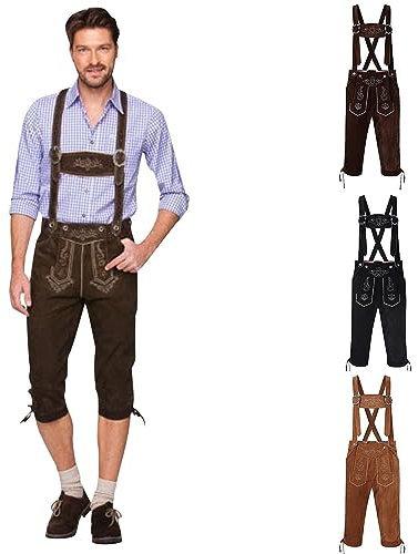 Pantaloni da uomo in pelle, con bretelle, eleganti, per costume tradizionale bavarese, per uomo, Oktoberfest, in pelle, con salopette bavaresi, B1 kaki., S