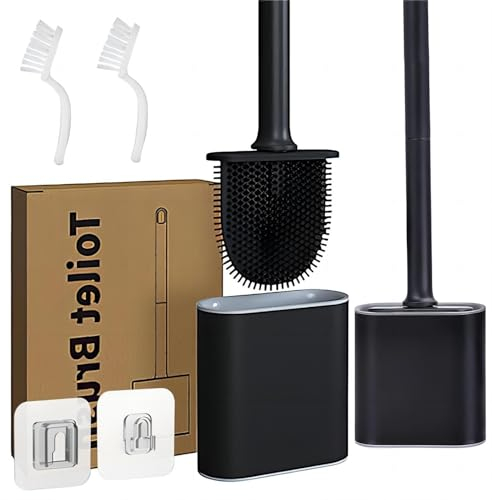 Brosse WC Silicone Noire avec Base Anti-Goutte, Balai de Toilettes avec Poils Silicone Plate, Balayette WC de Salle de Bain Montage Mural/au Sol sans Percage, Toilet Brush avec Long Manche Détachable