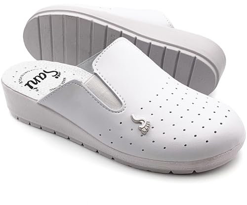 Chaussons sanitaires anatomiques pour femmes, chaussons en cuir véritable, chaussures orthopédiques avec élastique réglable, sabots fabriqués en Italie, Blanc, 40 EU