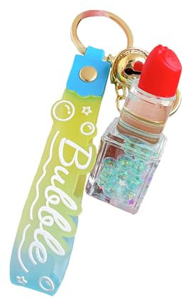 ZDHC Lippenstift-Schlüsselanhänger mit Flüssigkeit, kreativ, schwimmend, Bubble Tea, Treibsand, Schlüsselanhänger, Autoschlüssel, Tasche, Rucksack, Anhänger für Mädchen und Frauen, grün, One size