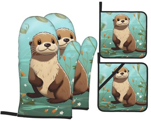 Ofenhandschuhe und Topflappen mit niedlichem Otter-Motiv, 4 Stück, hitzebeständige Küchenhandschuhe und rutschfeste heiße Pads, wasserdichte Ofenhandschuhe für Küche, Kochen, Backen, Grillen
