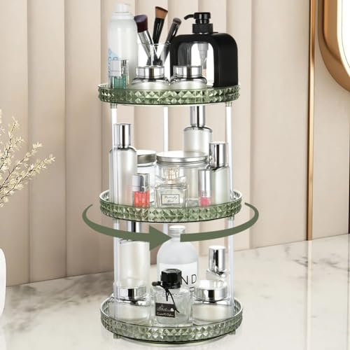 URAQT Make up Organizer, 3 Etagen 360° Drehbar Kosmetik Organizer, Multifunktionale Schmink Organizer mit Großer Kapazität, Kosmetik Organizers für Schminktisch, Badezimmer, Schlafzimmer (Hellgrün)