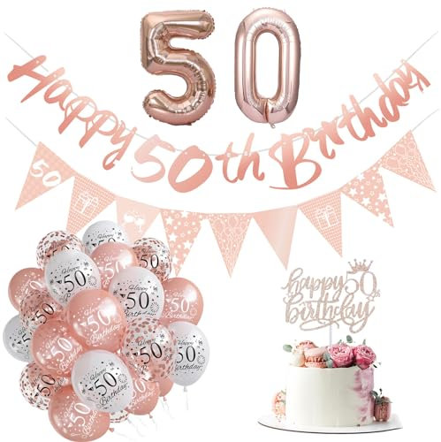 50th Birthday Decoration Kit, Rose Gold Theme Happy 50th Birthday Banner Bunting with Confetti Latex Balloons Cake Topper and Number 50 Foil Balloon for Women 50 Years Old Birthday Party Supplies