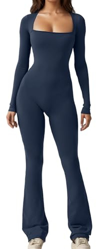 Merlvida Sport Jumpsuits für Damen Eng Langarm Jumpsuit Nahtloser Overall Elastischer Bodysuit Figurformender Einteiler Sexy One Piece Bodycon Outfit für Yoga Fitness Gym